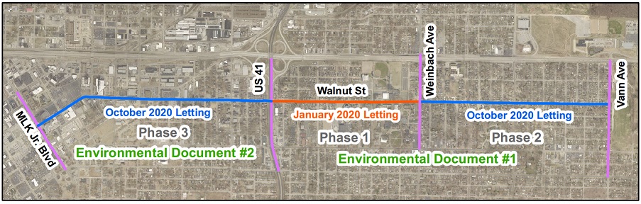 Walnut Street Improvement Project Route Map with Phases